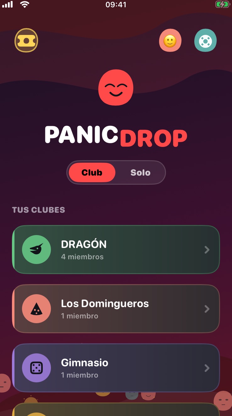 The PanicDrop home screen, with the list of clubs.
